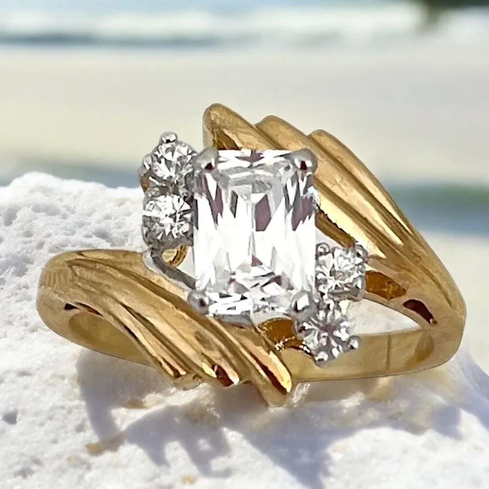 Vintage 1970s Ring Size 6 CZ Emerald Cut Solitaire Bypass Gold Plated - 14R